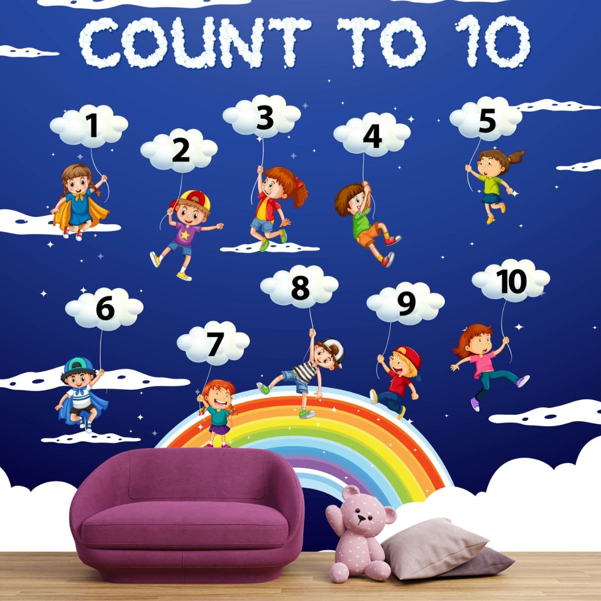 Child-Friendly Number Series Design for Playroom Walls Wallpaper shown in a room