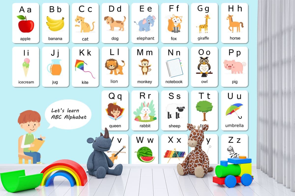 Kids Alphabet Wall with Image-Based Learning Concept Wallpaper shown in a room