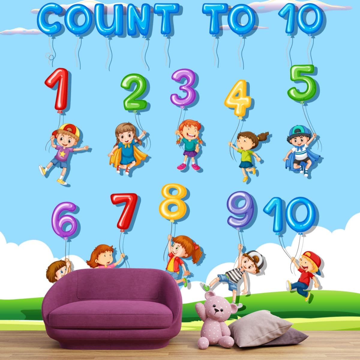Interactive Counting Theme with Children Artwork Wallpaper shown in a room