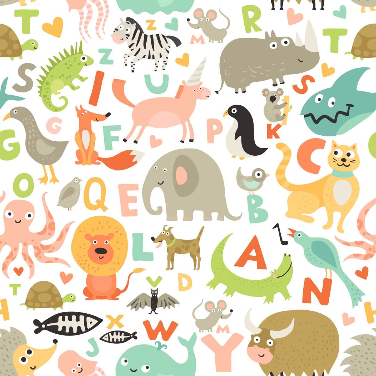 Playful ABC Animal Theme for Kids Room Decor Wallpaper pattern detail