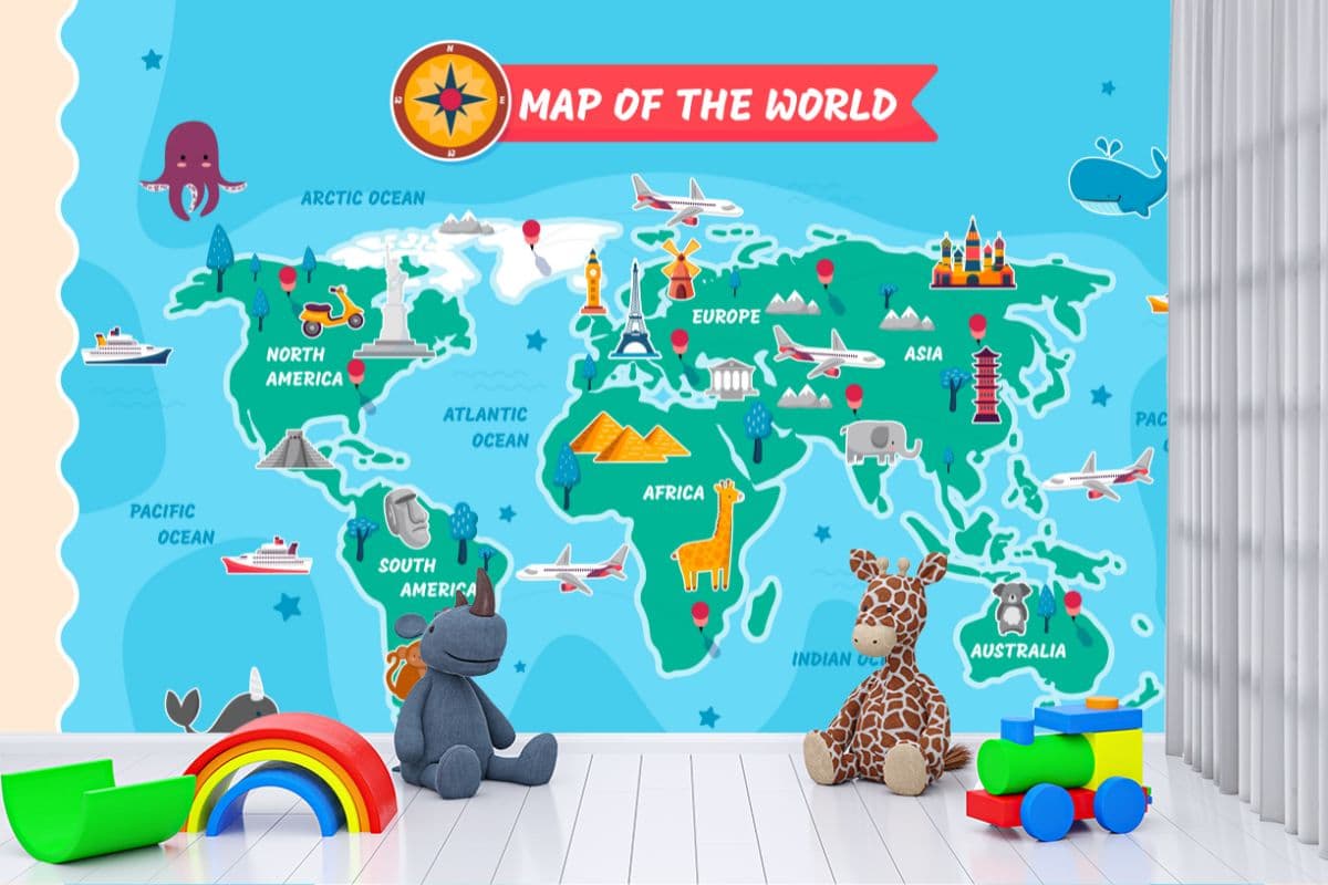 7 Continents Wallpaper for KidsWorld Explorer shown in a room
