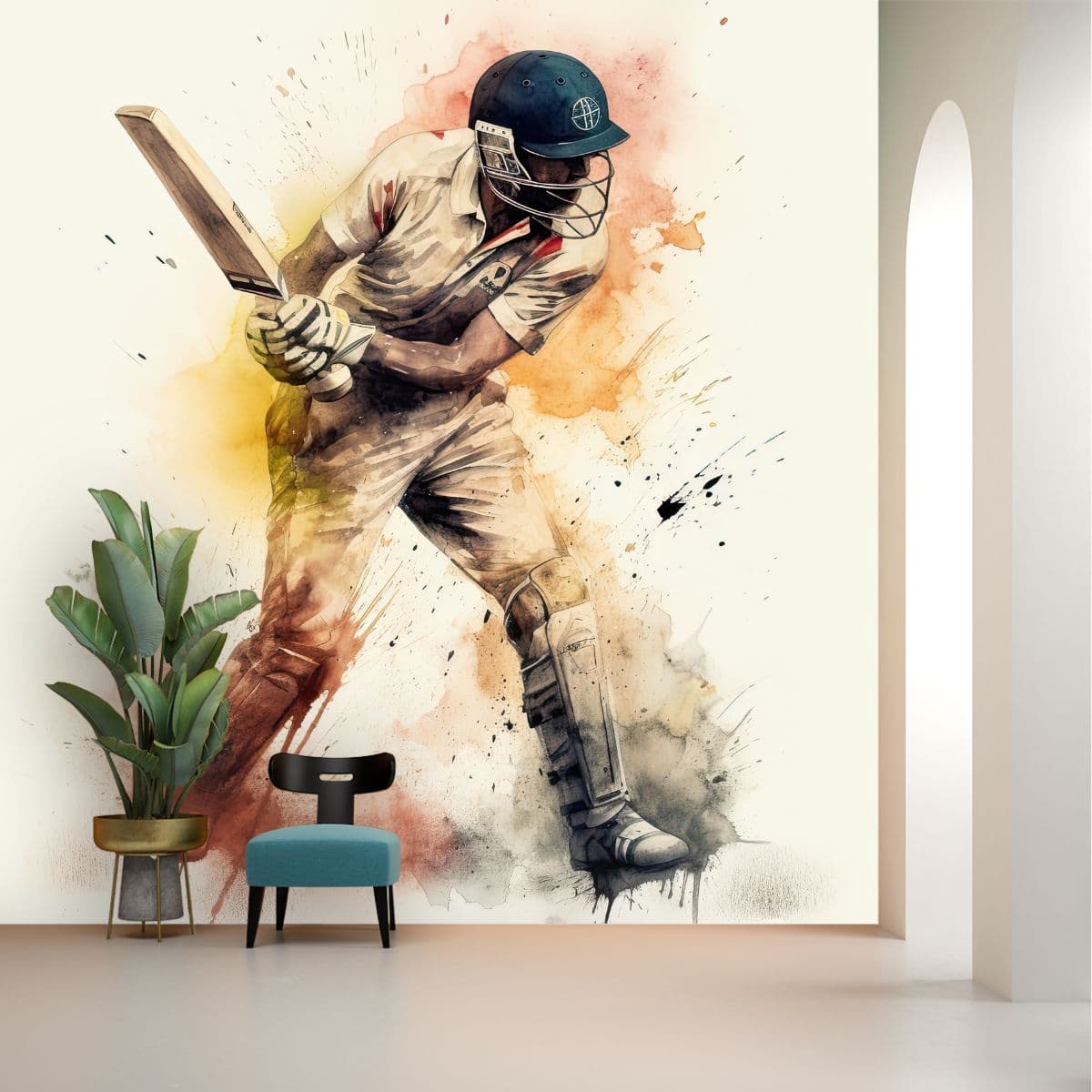 Cricket Player Artistic Wallpaper shown in a room