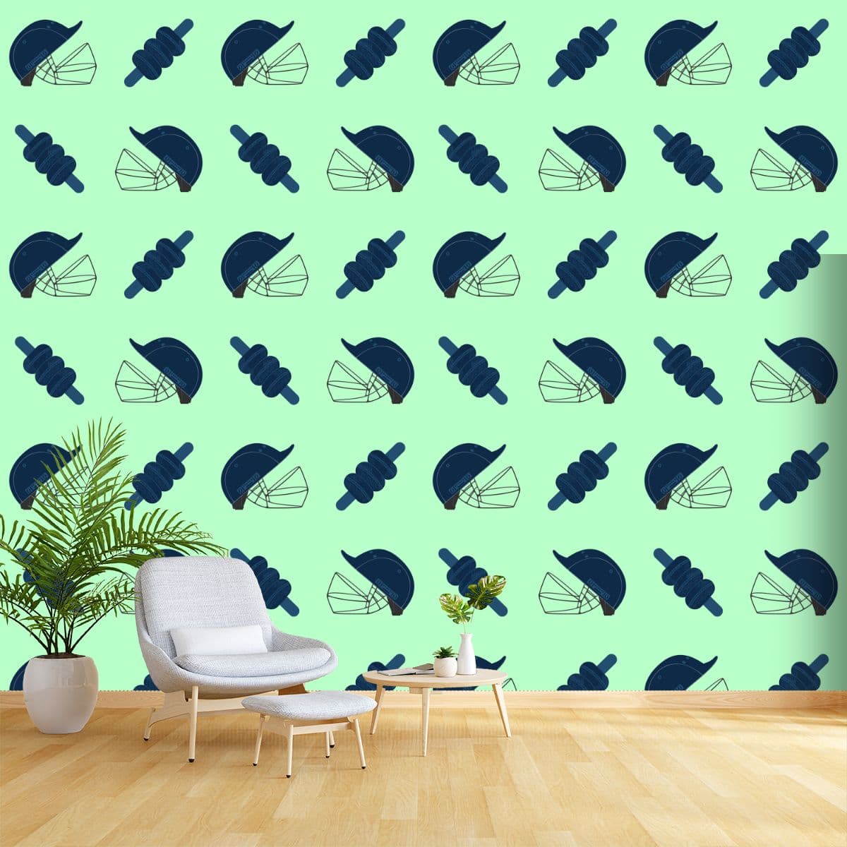 Cricket Helmet and Bails Sports Theme Wallpaper shown in a room