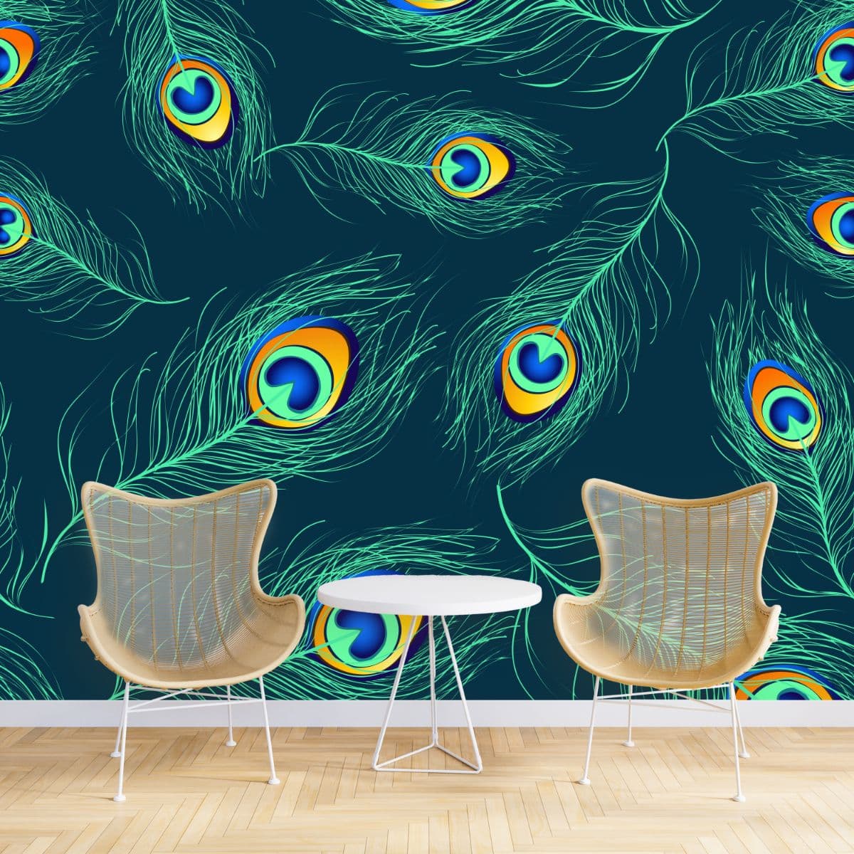 Versatile Peacock Feather Motif Wallpaper shown in a room