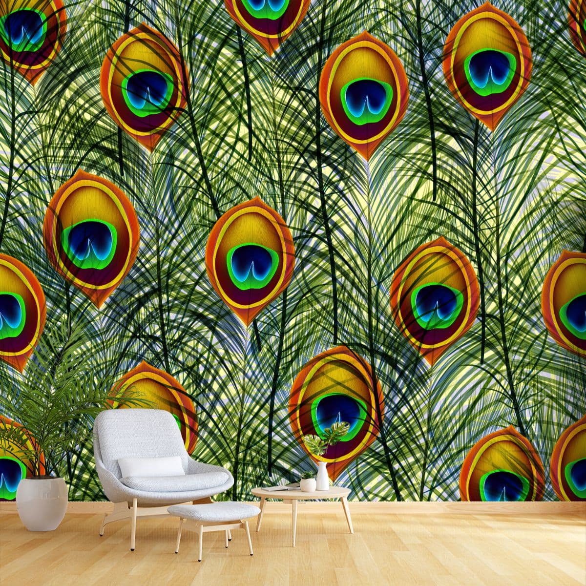 All-Over Peacock Motif Design for Statement Walls Wallpaper shown in a room