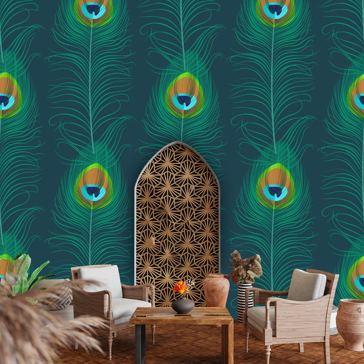 Royal Peacock Feather Layout Wallpaper shown in a room