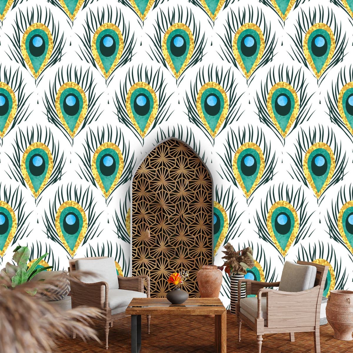 White Base Feather Pattern with Green Wallpaper shown in a room