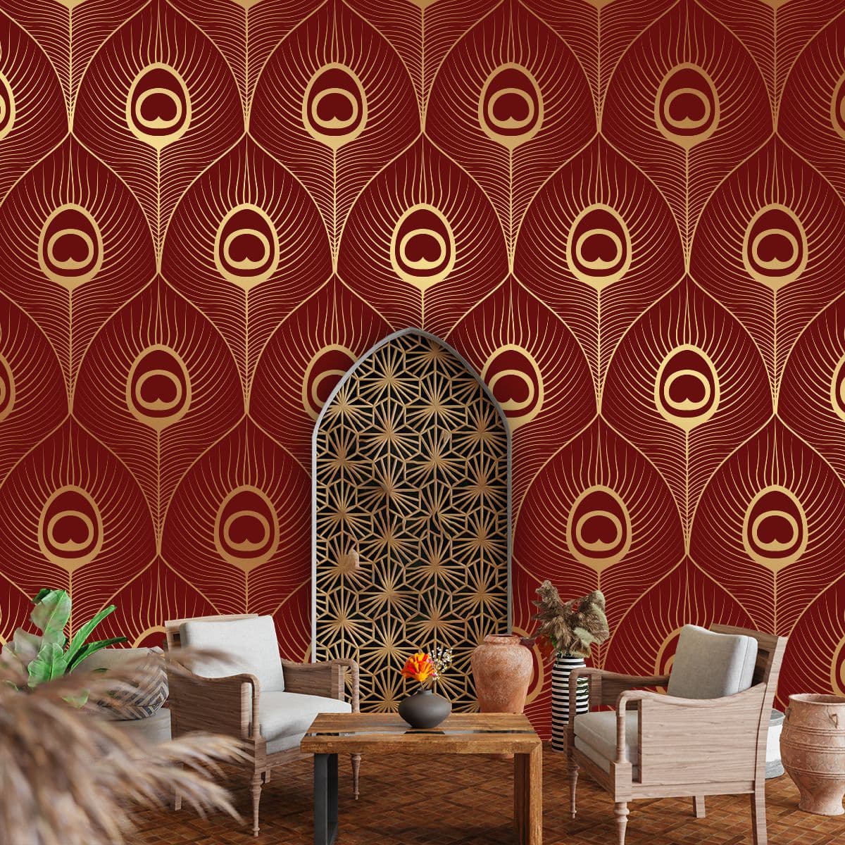Premium Mor Pankh Natural Style Wallpaper shown in a room