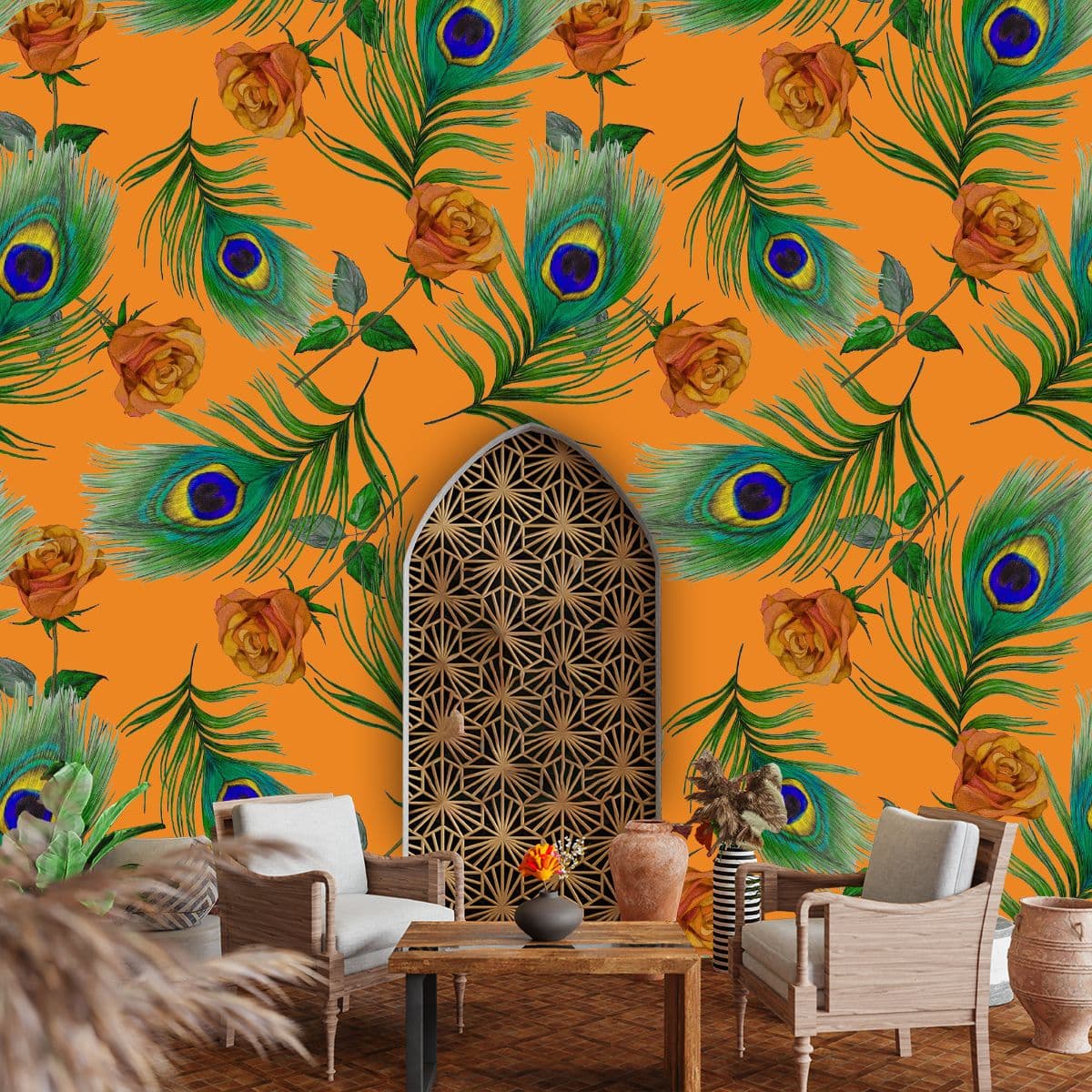 Dual Tone Peacock Pattern for Bold Interior Styling Wallpaper shown in a room