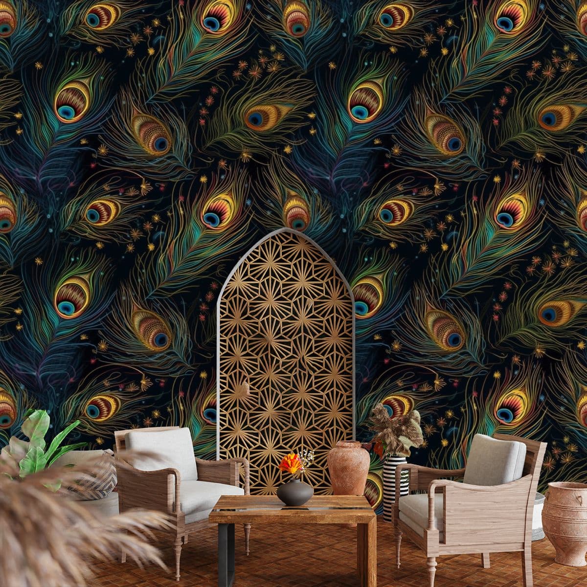 Classic Green and Gold Feather Pattern Wallpaper shown in a room