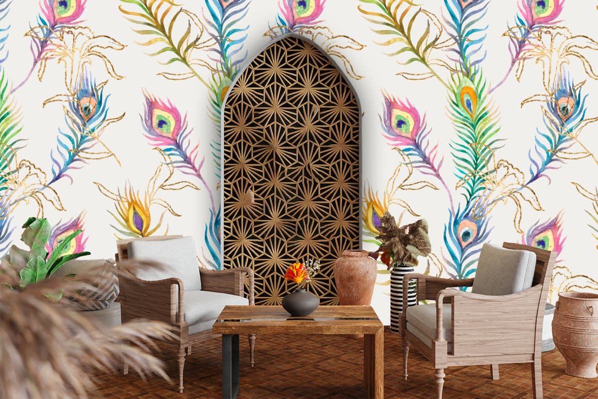 Mor Pankh Colorful Peacock Feathers Wallpaper shown in a room
