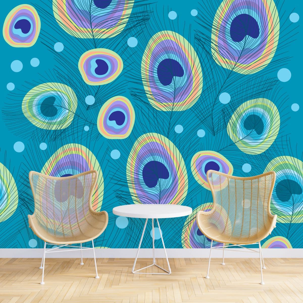 Consistent Peacock Pattern for Harmonious Living Spaces Wallpaper shown in a room