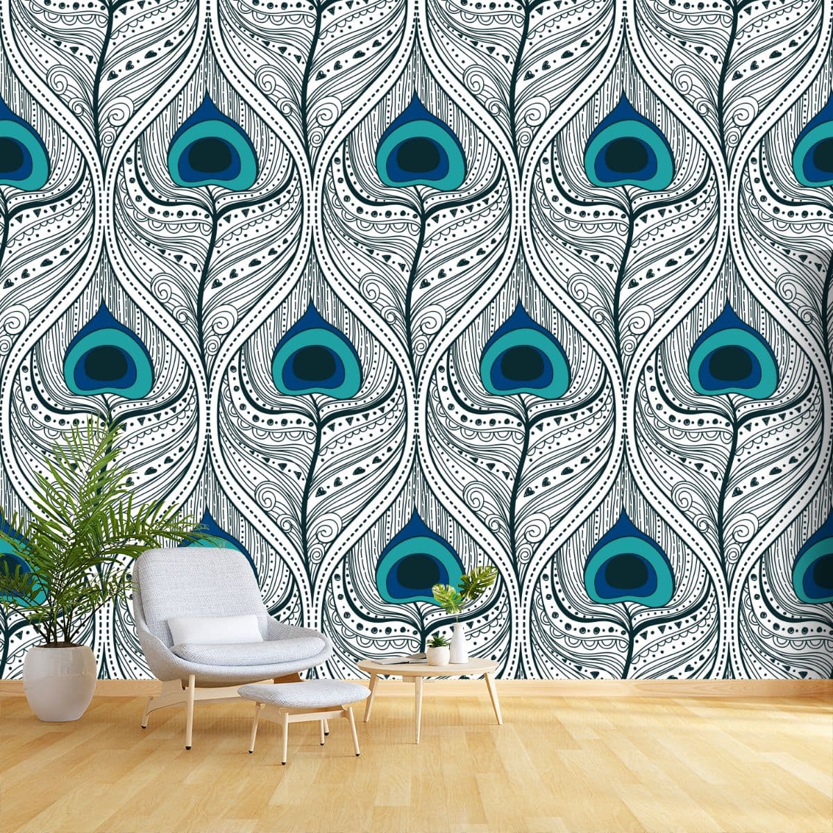 Traditional Blue White Peacock Feather Wallpaper shown in a room