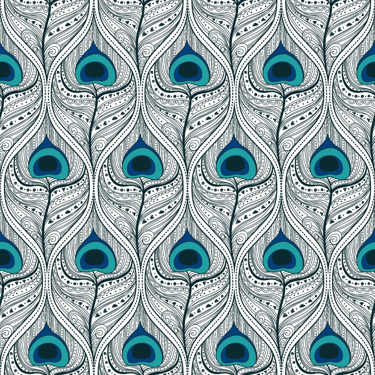 Traditional Blue White Peacock Feather Wallpaper pattern detail