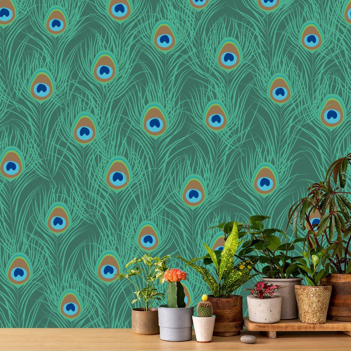 Dark Green Mor Pankh Pattern Luxury Wallpaper shown in a room