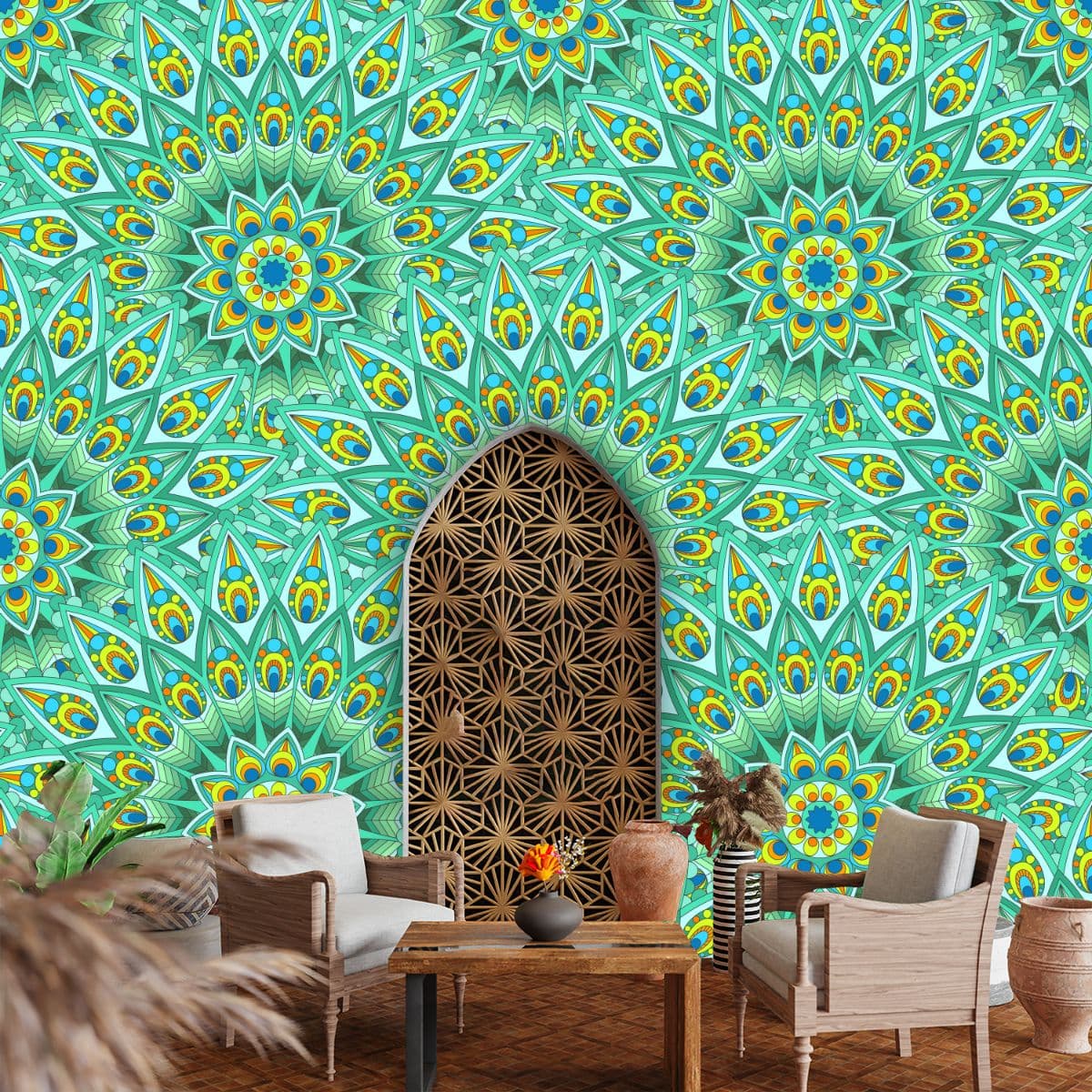 Mandala Style Peacock Feather Circle Art Wallpaper shown in a room