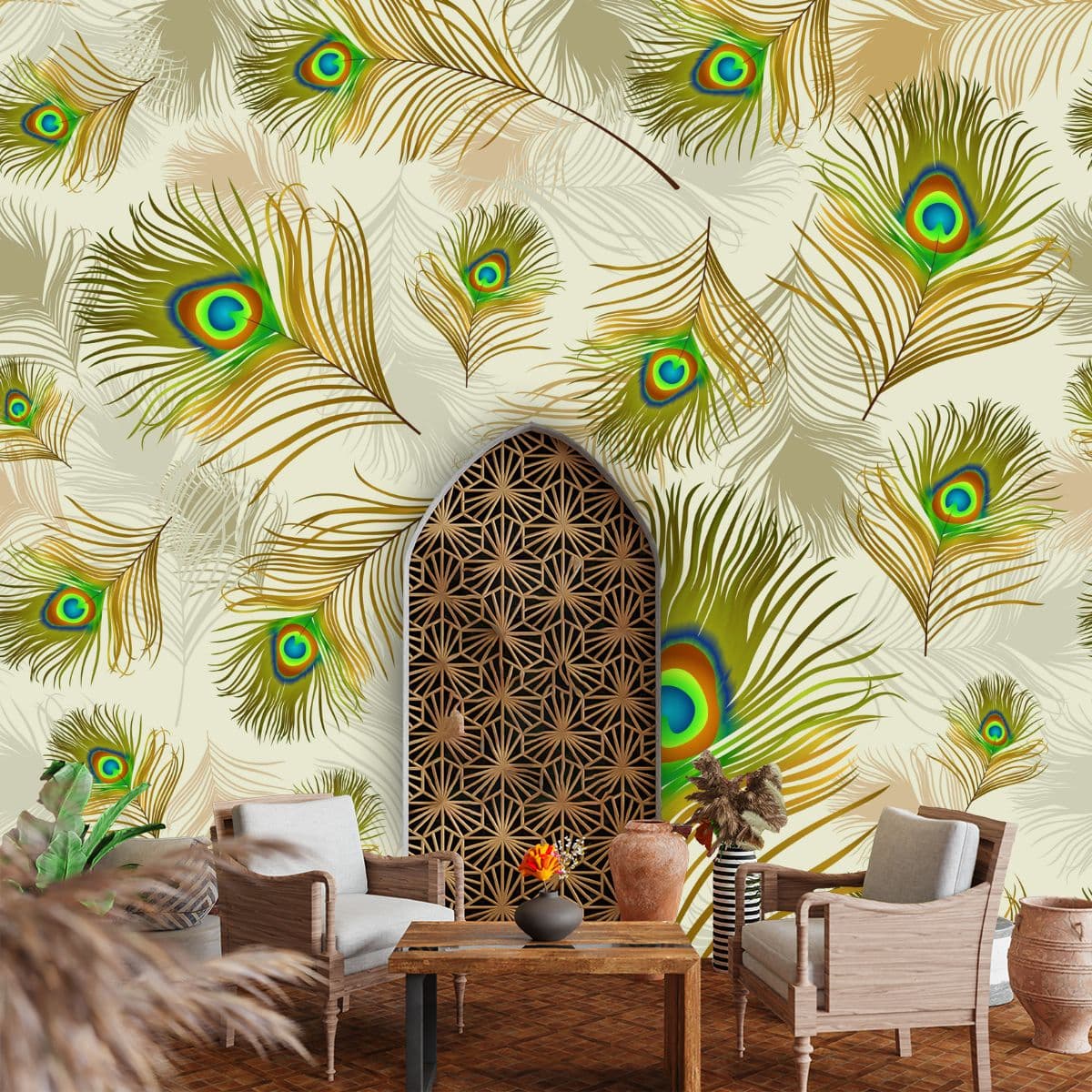 Elegant Peacock Feather Exotic Design Wallpaper shown in a room