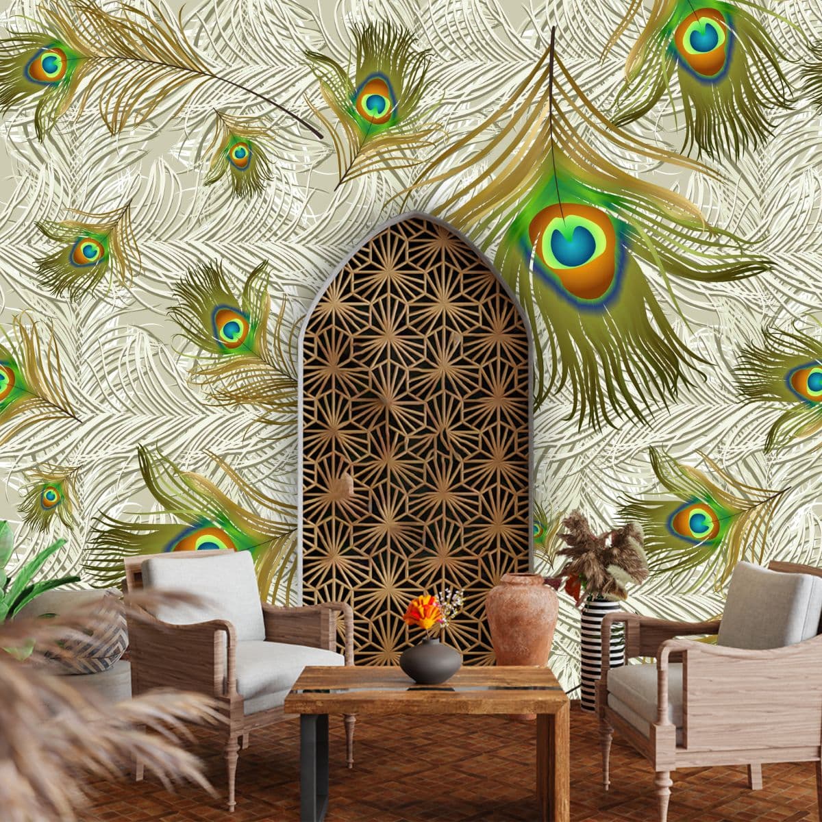 Intricate Mor Pankh Decorative Pattern Wallpaper shown in a room