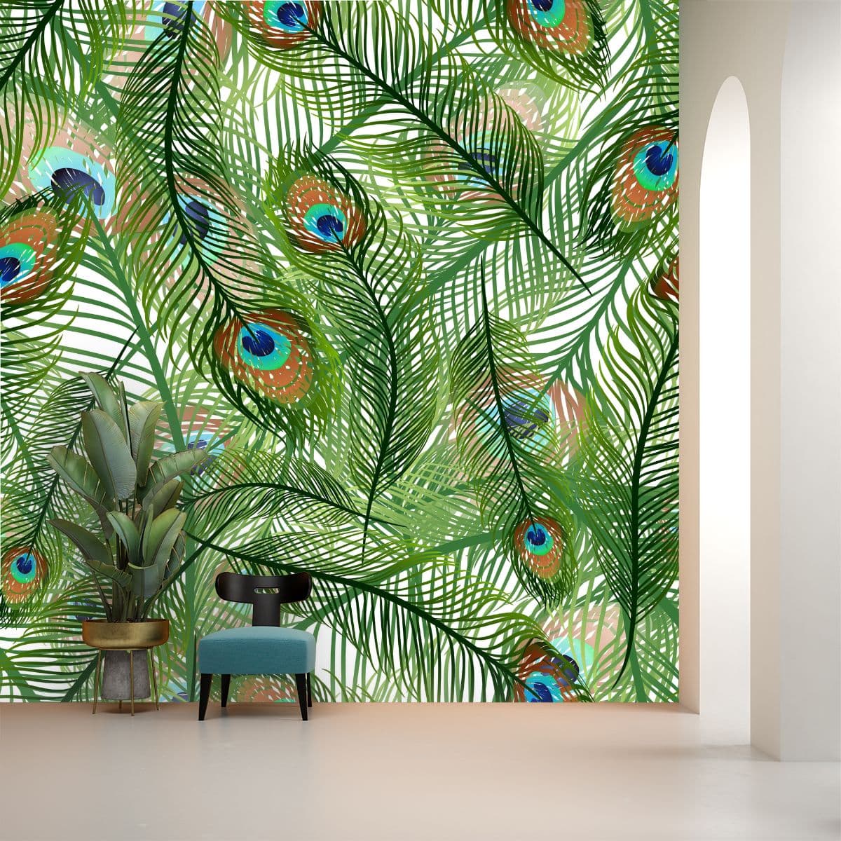 Elegant Peacock Feather Inspiring Design Wallpaper shown in a room