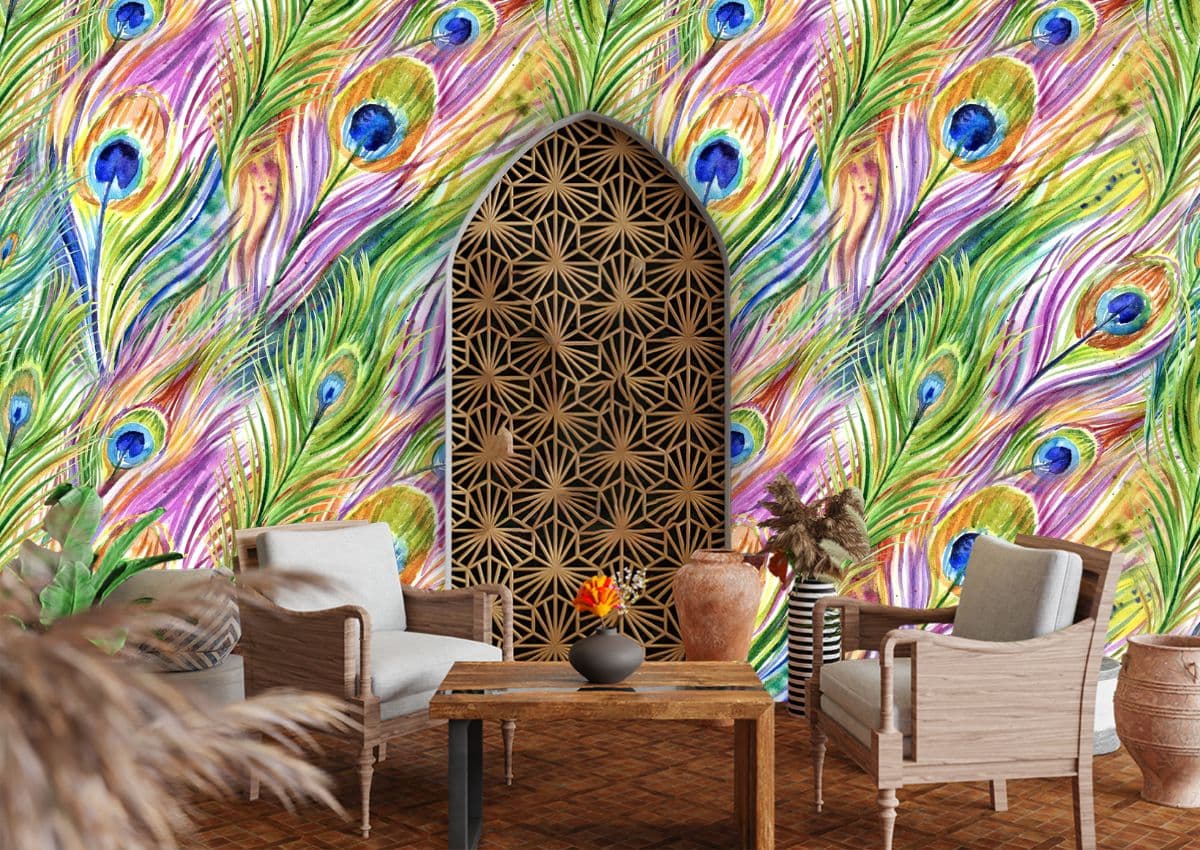 Color-Rich Mor Pankh Design for Bold Interior Styling Wallpaper shown in a room