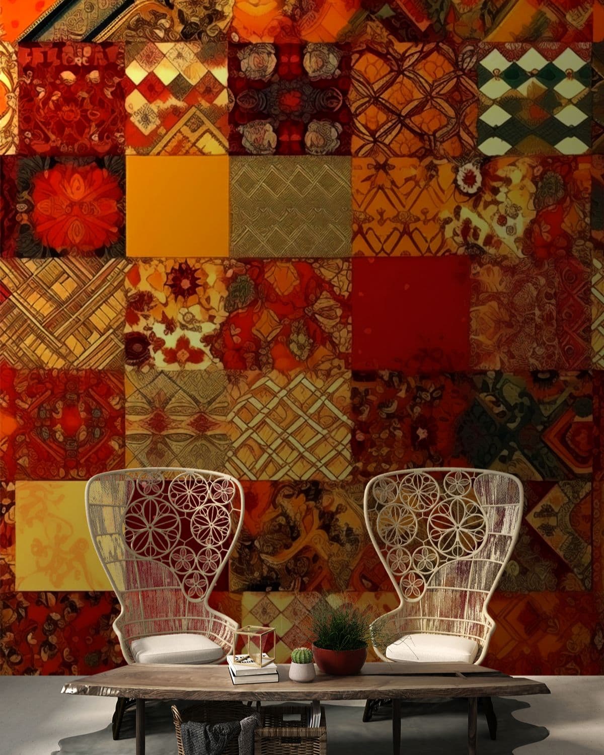 Puratani Patchwork Wallpaper, Rajasthani Ethnic Mural shown in a room