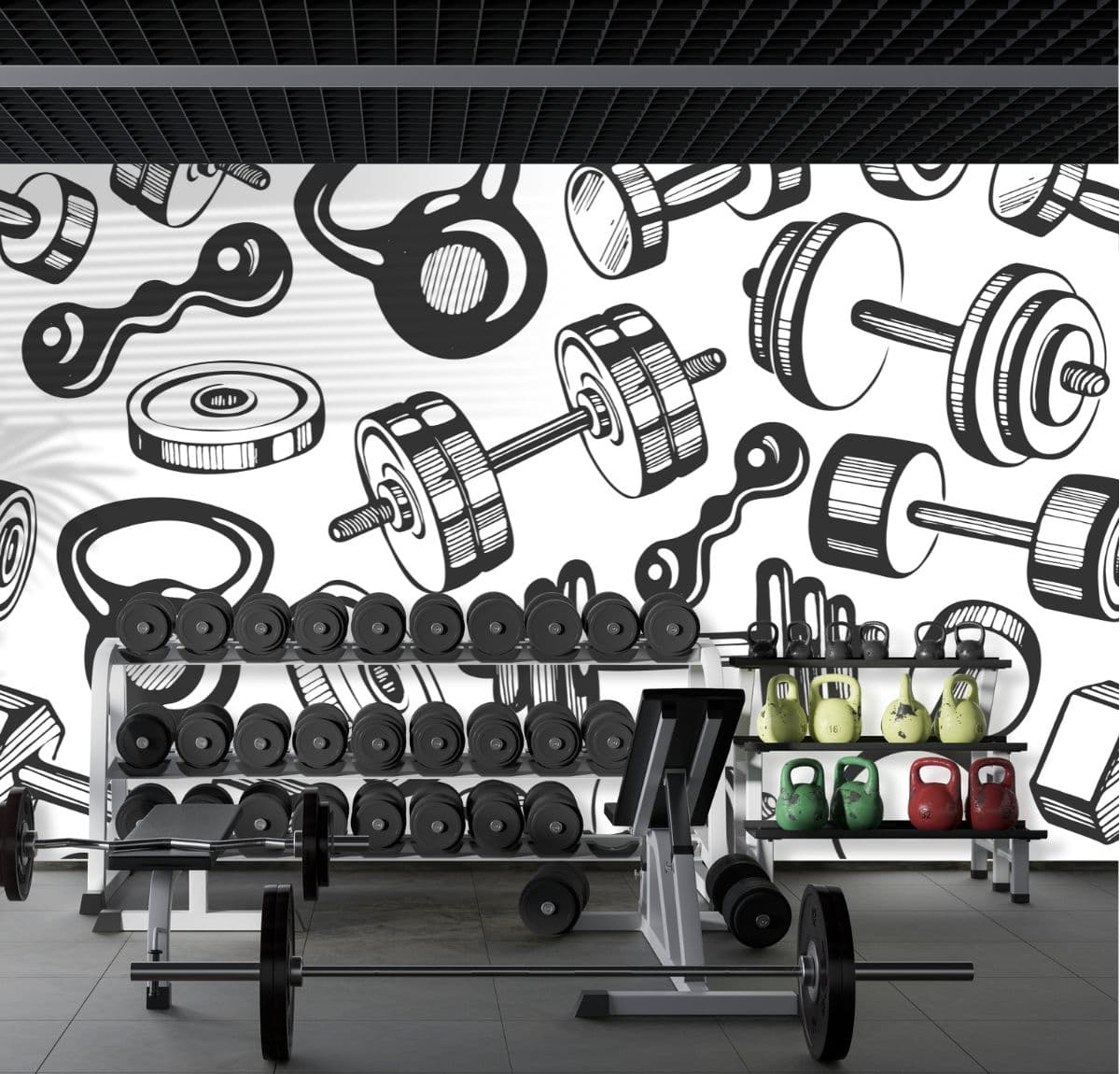 Balck and White Dumbles Pattern Gym Wallpaper shown in a room