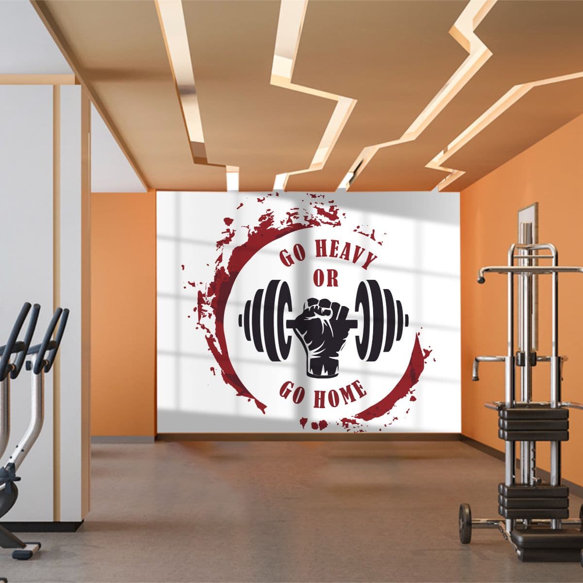 Go Heavy or Go Home Inspirational Gym Quote Wallpaper shown in a room