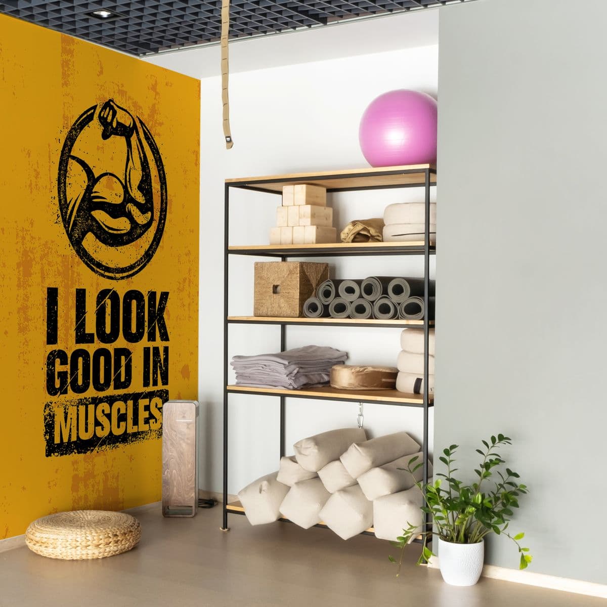 I Look Good in Muscles Fitness Quote Wall Design Wallpaper shown in a room