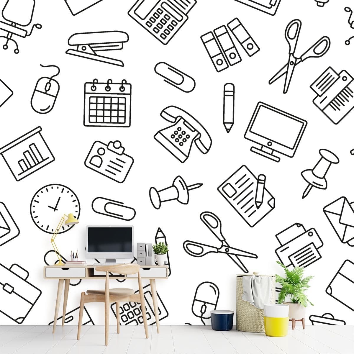 Office Supplies Pattern, Wallpaper for Office Wall shown in a room