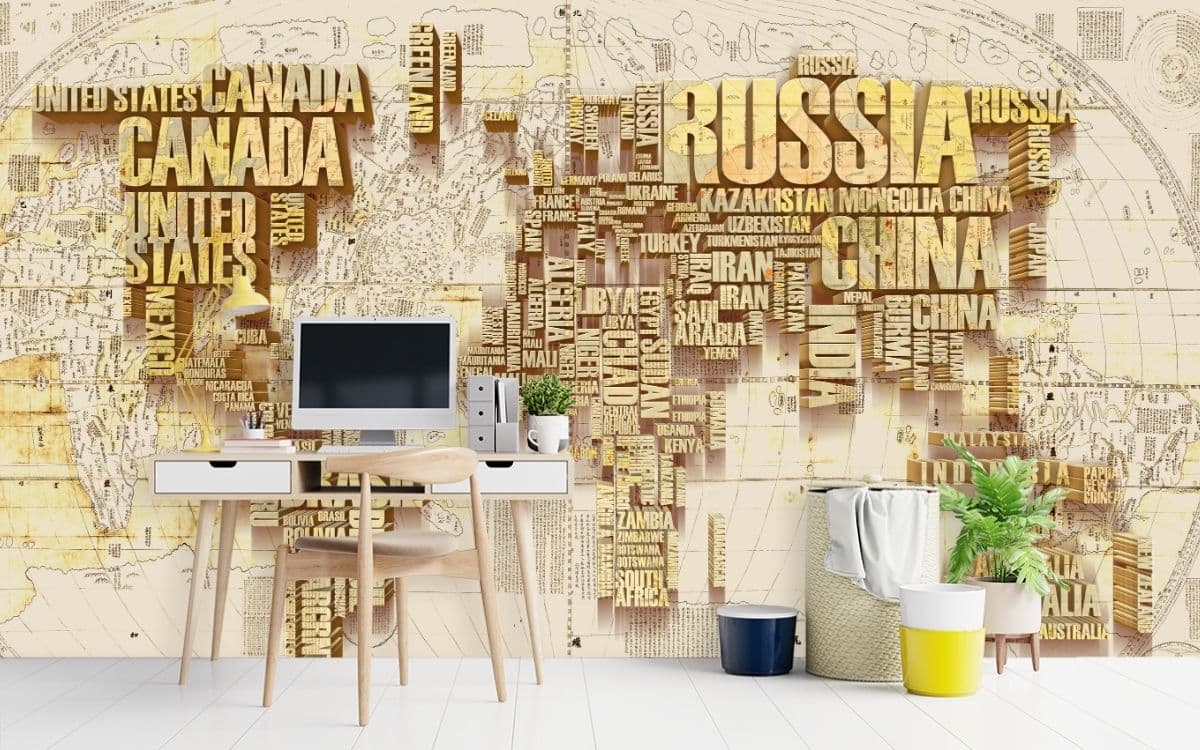 Countries Name World Map, Wallpaper for Office Wall shown in a room