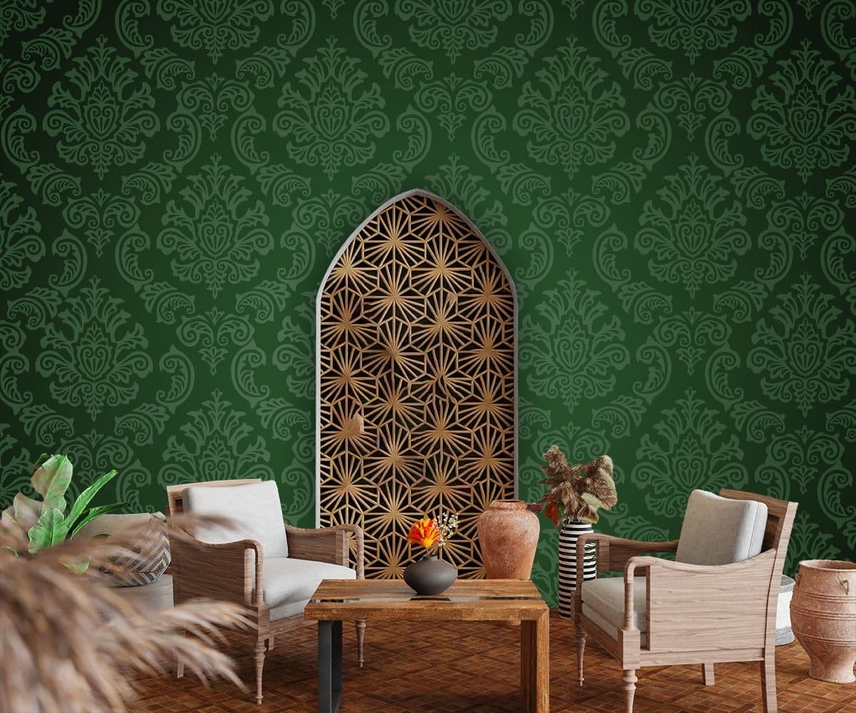 Dark Green Damask Wallpaper Mural shown in a room