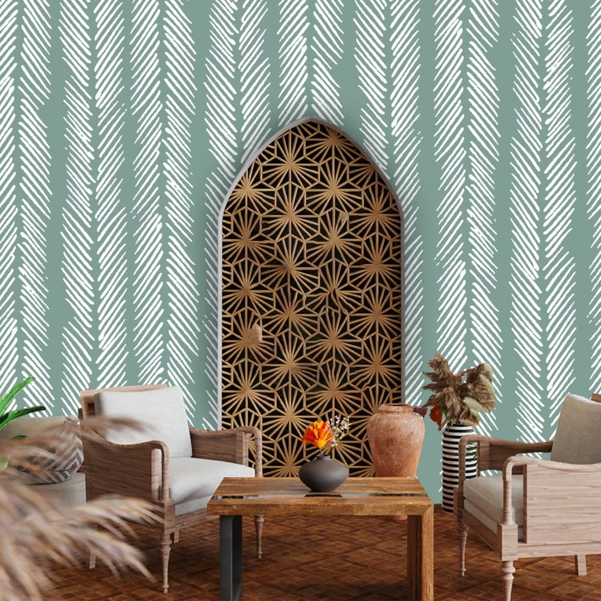 Green Weaving Pattern Wallpaper for Walls shown in a room