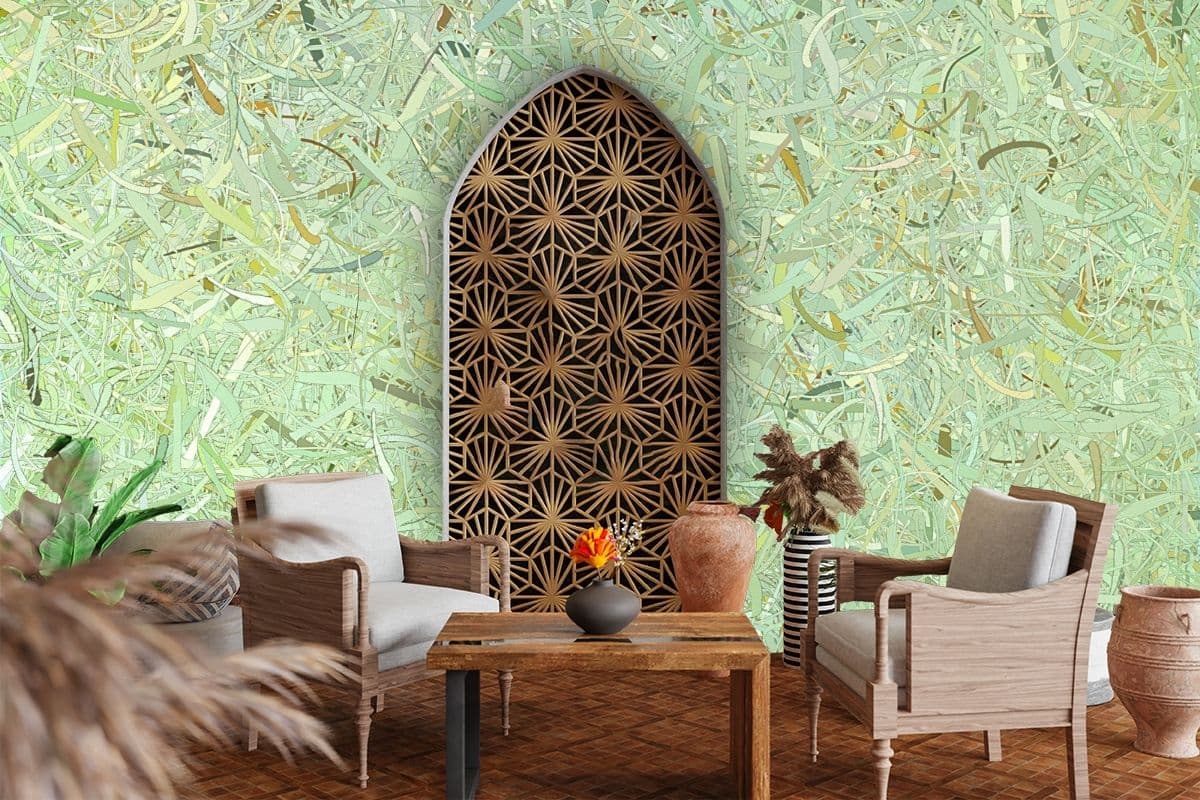 Light Green Curved Leaves Wallpaper for Walls shown in a room