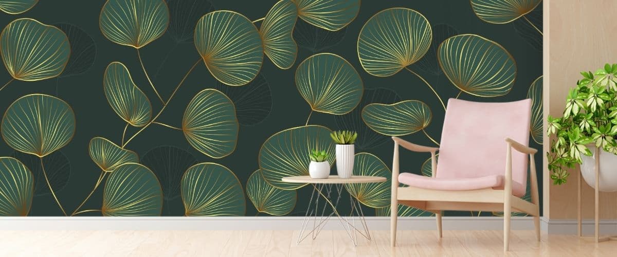 Luxury Gold Green Gingko Wallpaper for Walls shown in a room