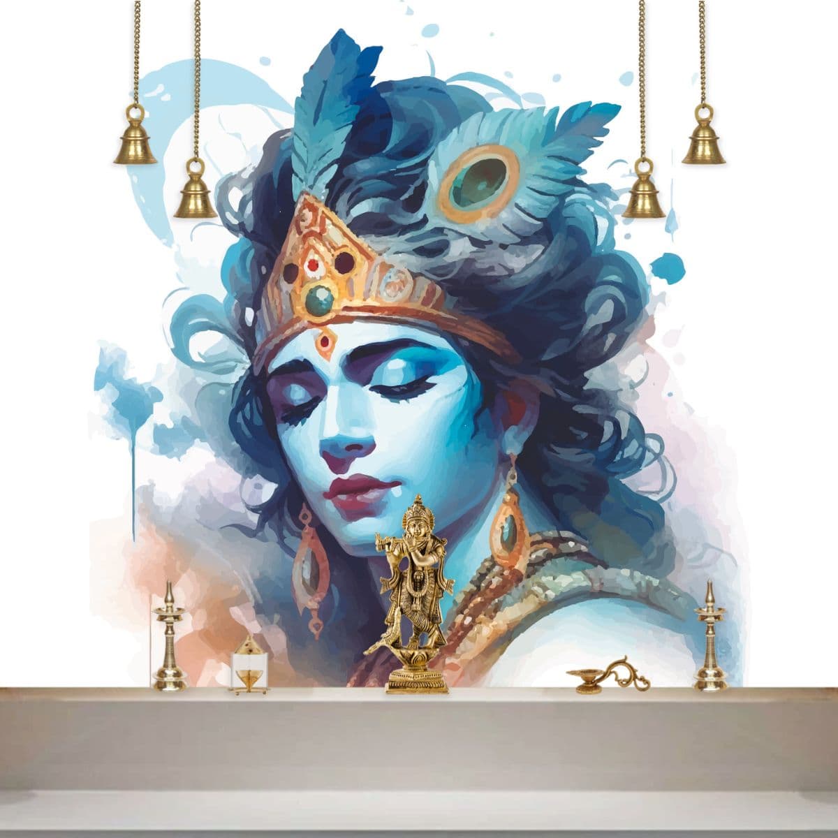 Shri Krishna Wallpaper for Pooja Room shown in a room
