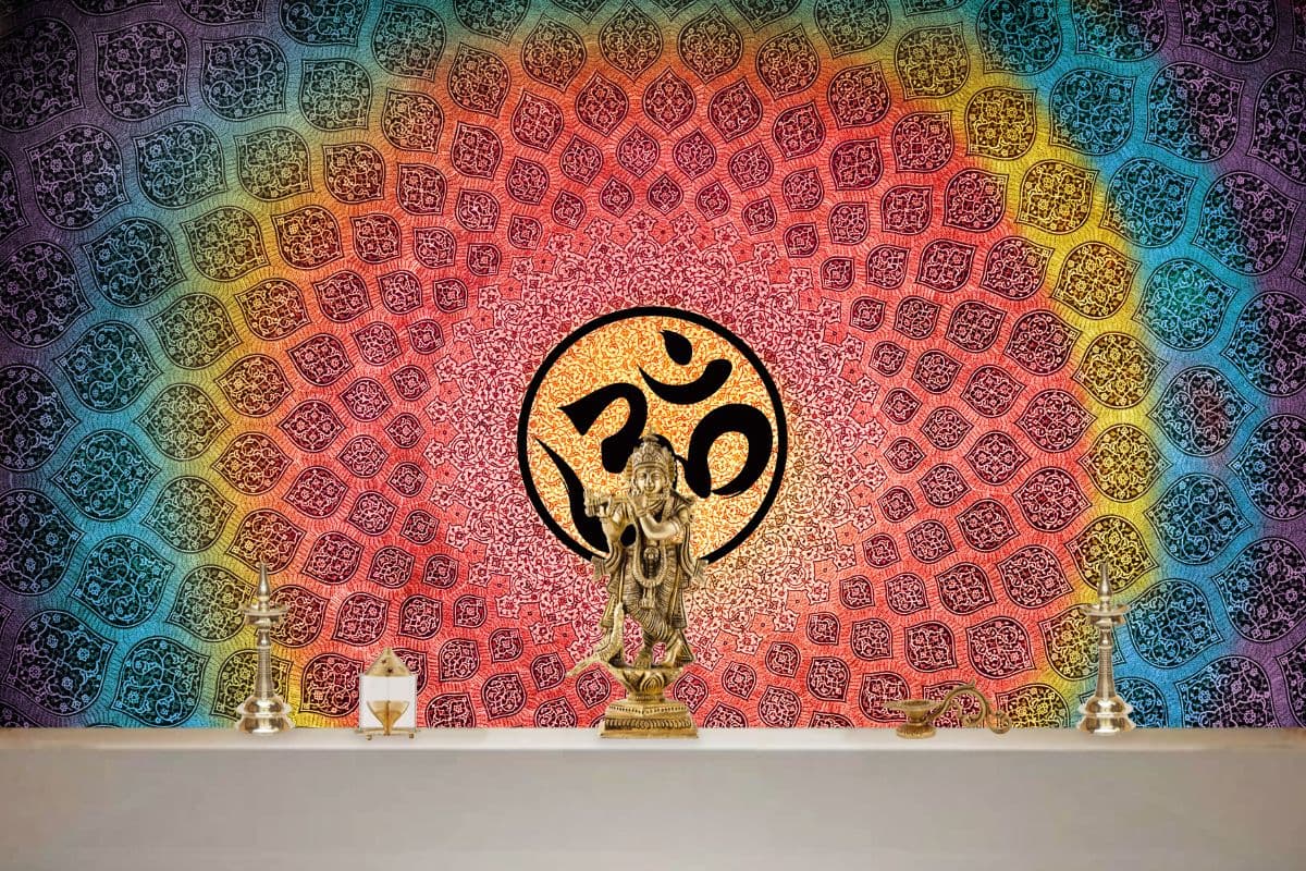 3D Om Colorful Wallpaper for Pooja Room shown in a room