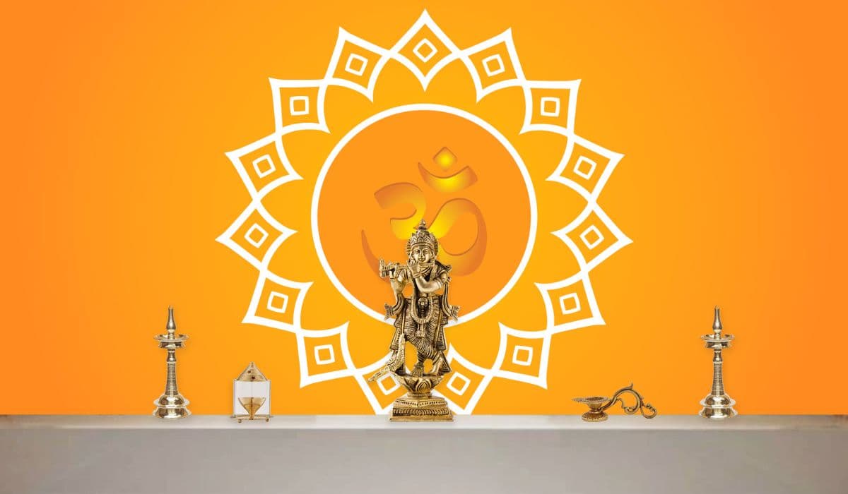 Pooja Room Beautiful Glowing OM Wallpaper shown in a room