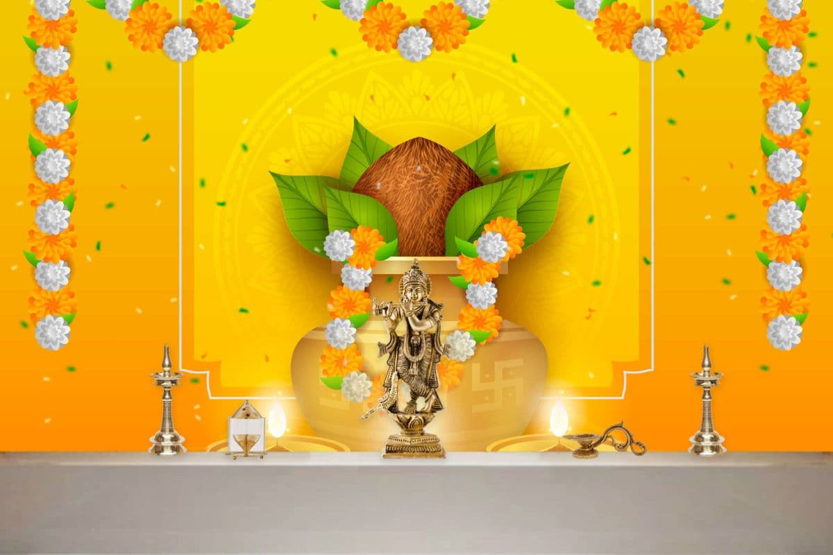 Decorative Kalash Wallpaper for Pooja Room shown in a room