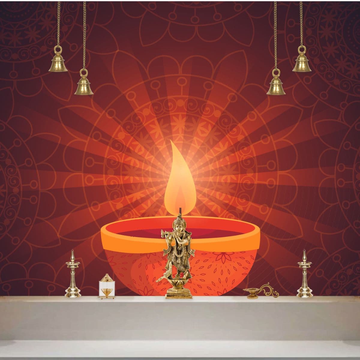 Diwali Diya Style Wallpaper for Pooja Room shown in a room
