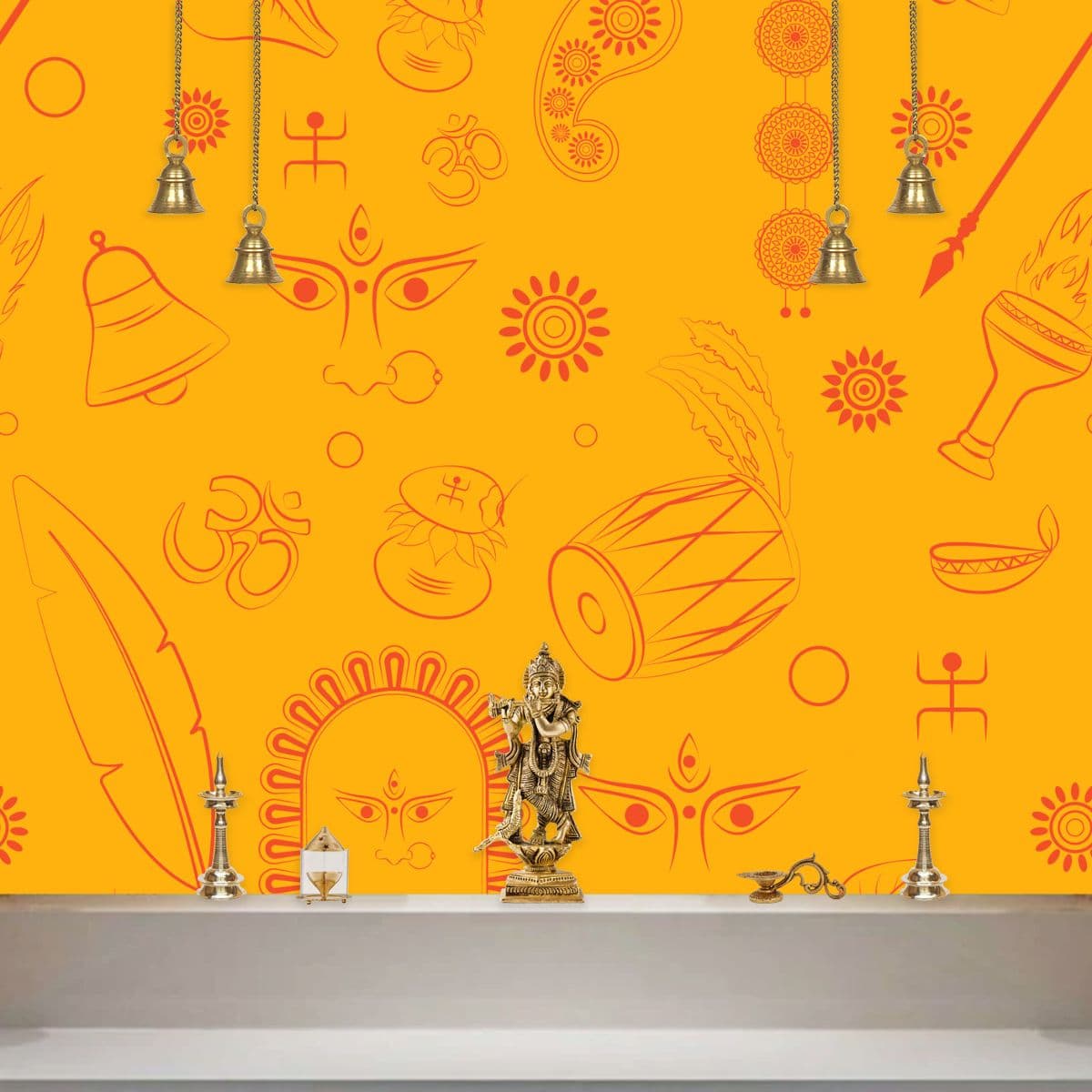 Durga Maa Symbols Wallpaper for Pooja Room shown in a room