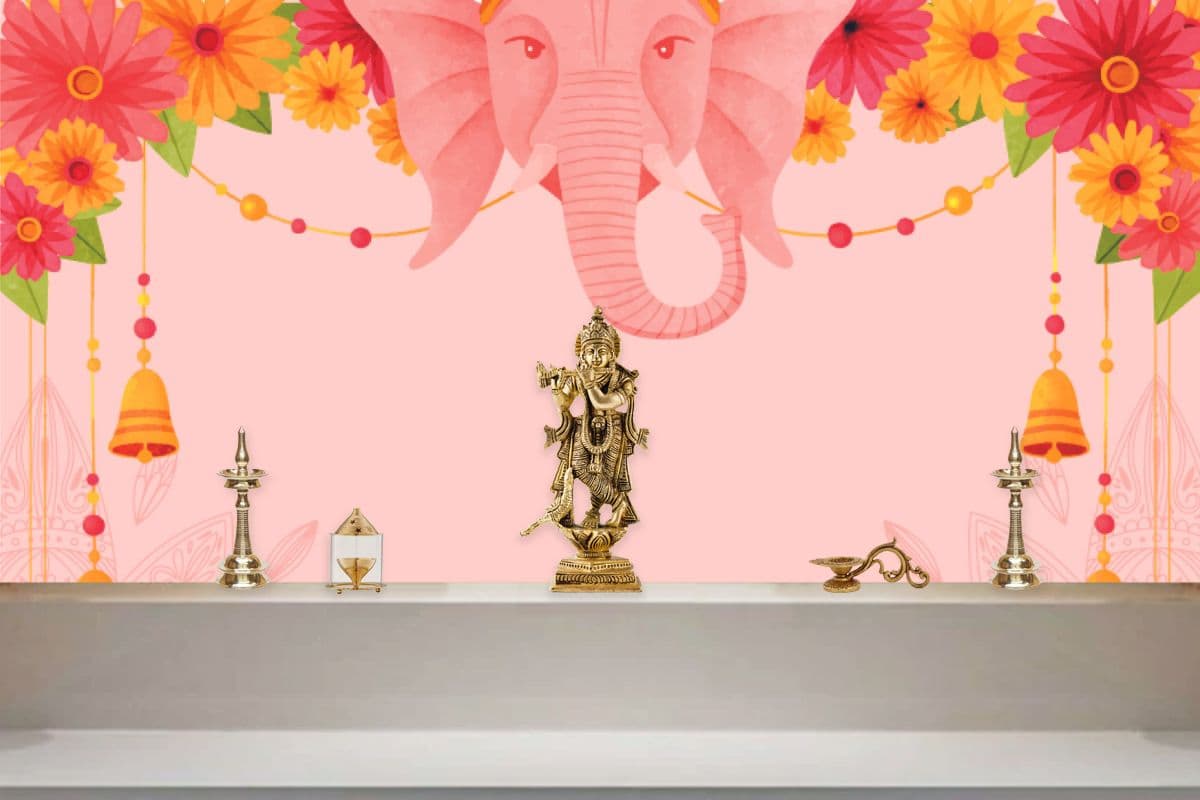 Ganesha Face Wallpaper for Pooja Room shown in a room