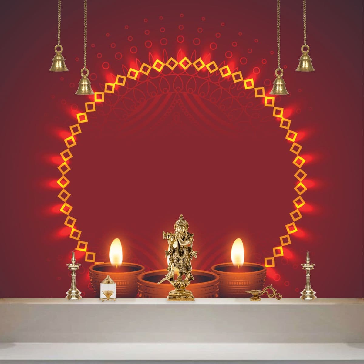 Glowing Diya Wallpaper for Pooja Room shown in a room