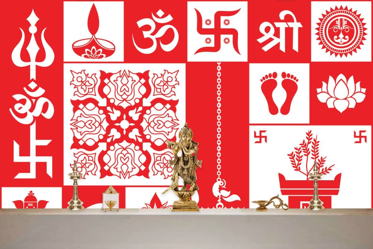 Hindu Sacred Symbols Wallpaper for Pooja Room shown in a room