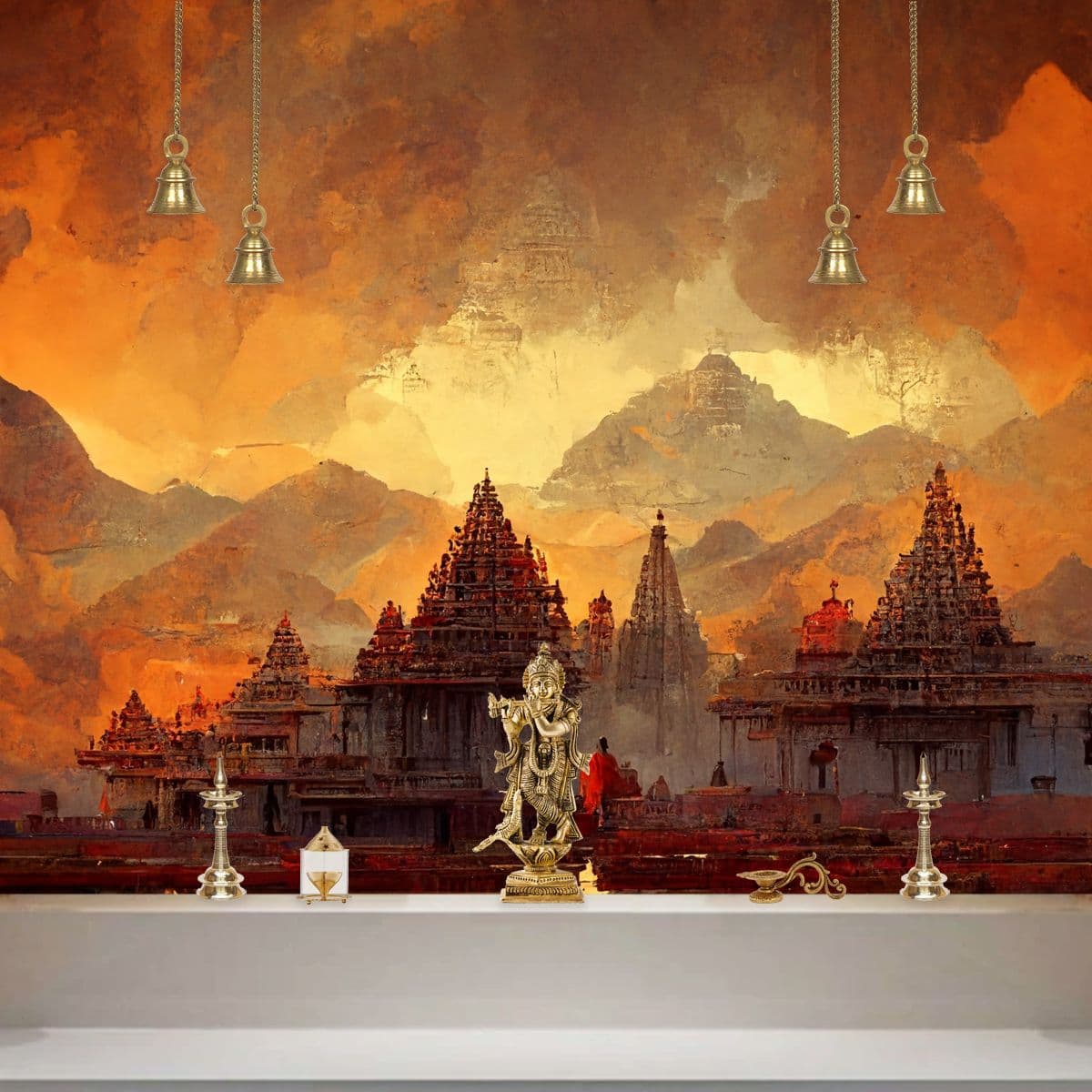Kashi Wallpaper for Pooja Room shown in a room