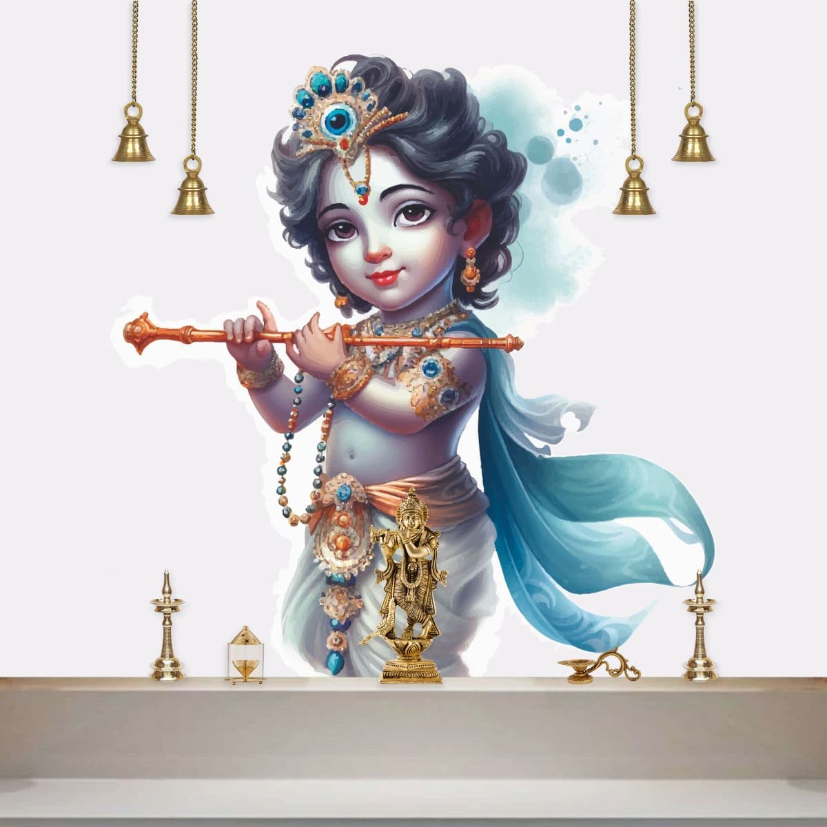 Krishna Wallpaper for Pooja Room shown in a room
