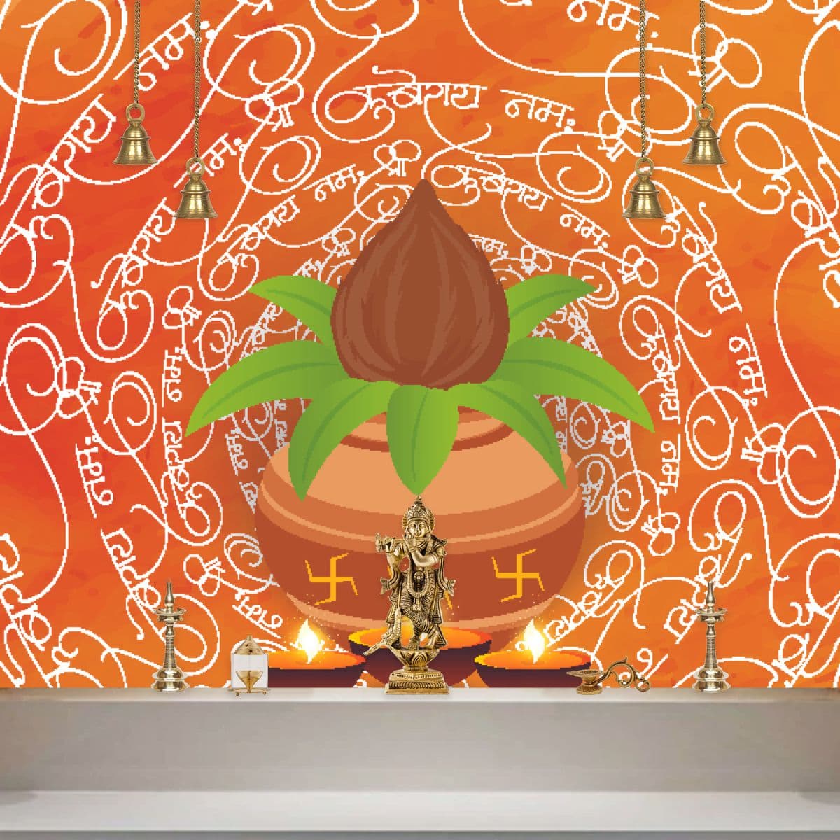 Kuberaay Namah Wallpaper for Pooja Room shown in a room