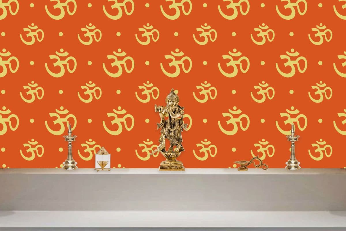 OM Pattern Wallpaper for Pooja Room shown in a room