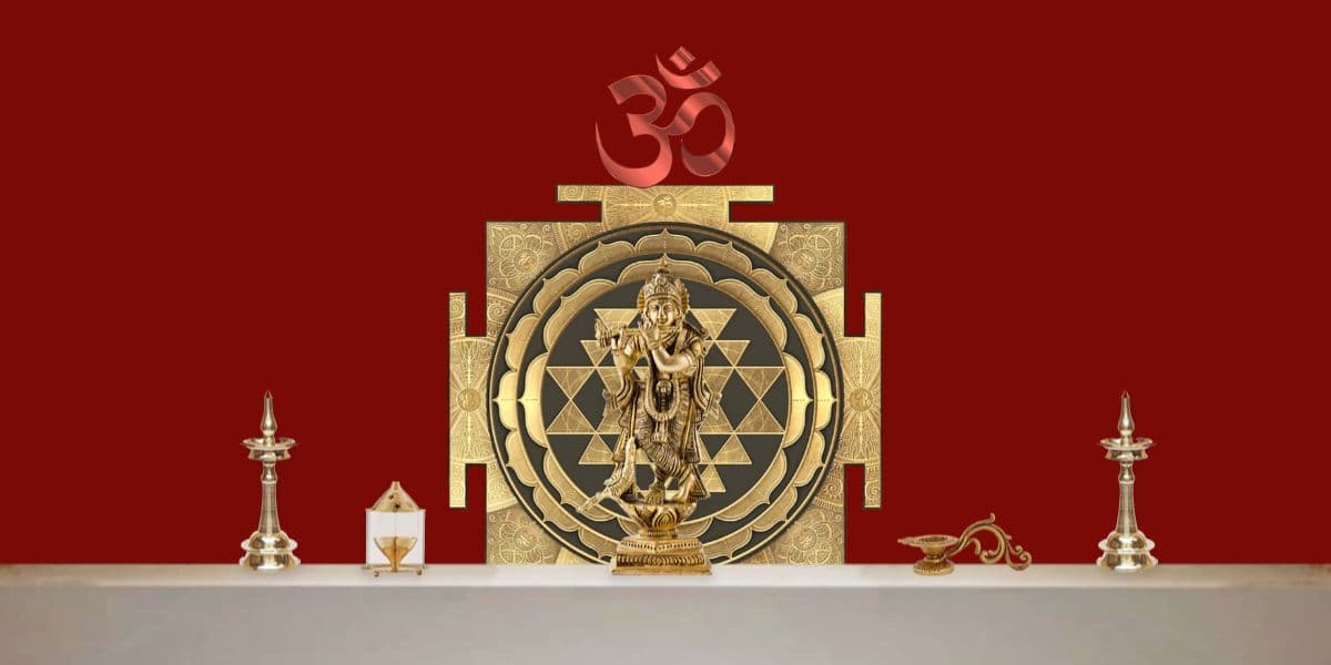 Om Symbol Shri Yantra Wallpaper for Pooja Room shown in a room