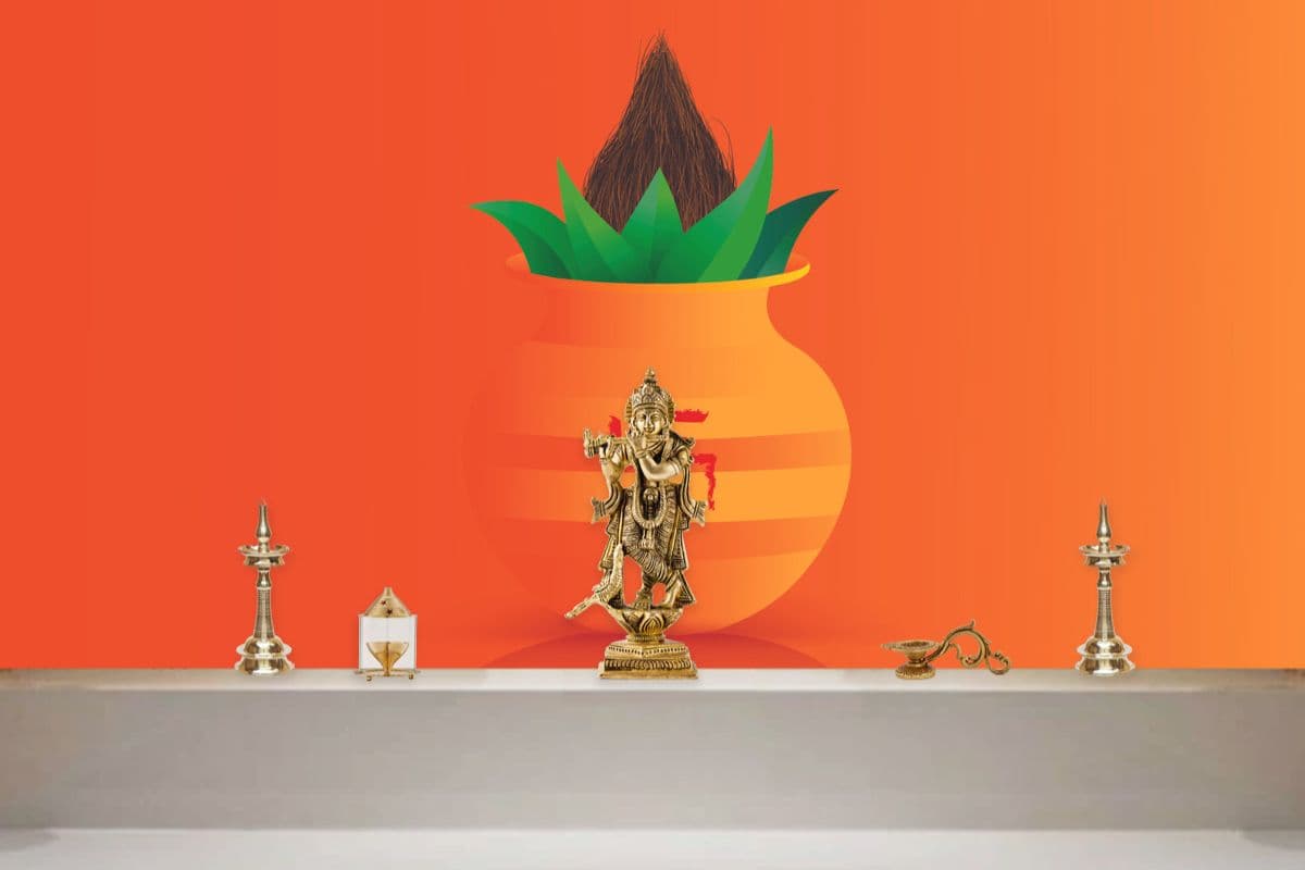 Sacred kalash Wallpaper for Pooja Room shown in a room