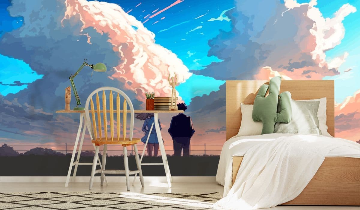 Anime Couple and Clouds Wallpaper shown in a room